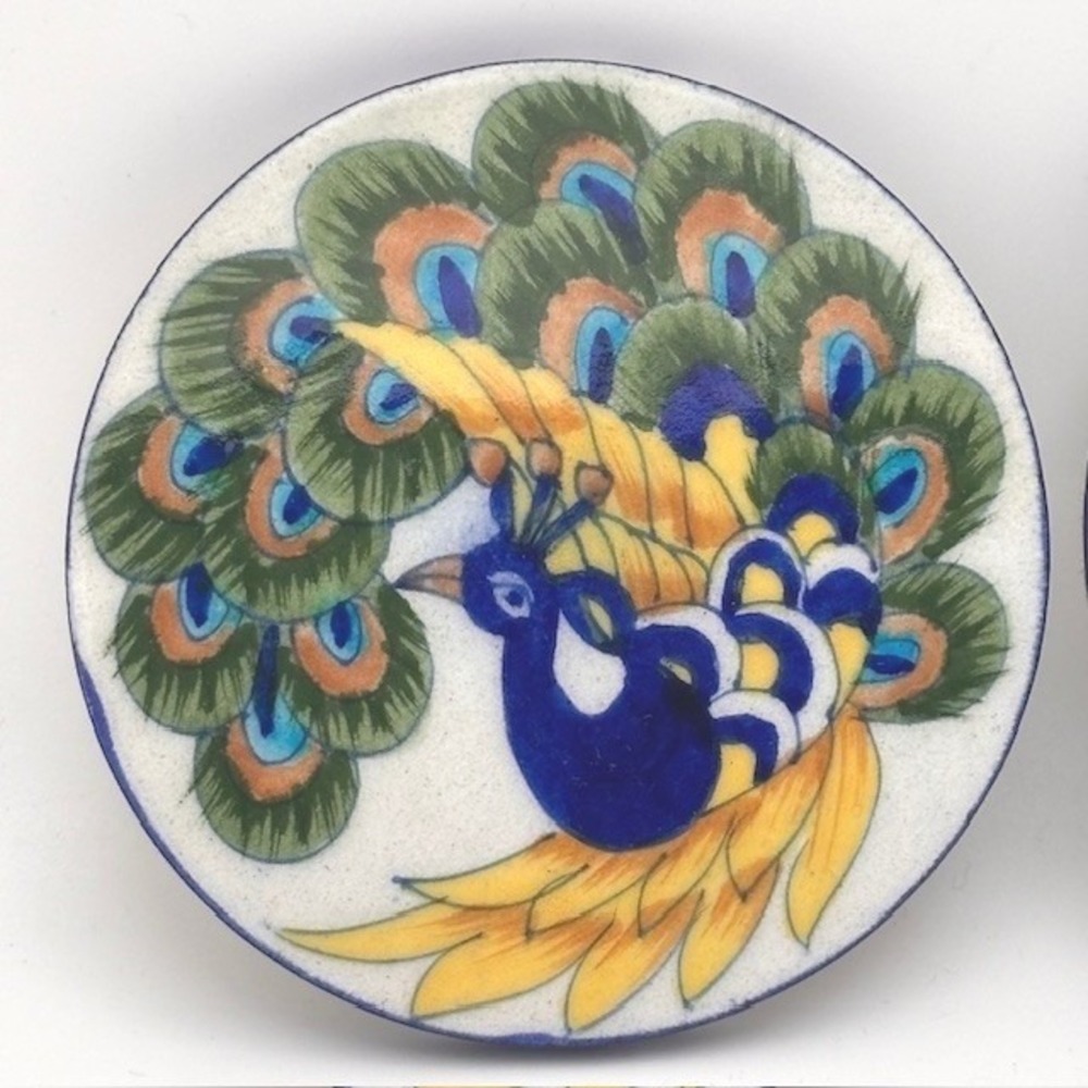 Jaipur Blue Pottery Peacock Coasters Set/2 Kumawat Enterprises India Handpainted